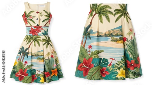 A colorful tropical-print dress and skirt featuring palm trees and hibiscus flowers evoke a sense of summer vacation and island style.