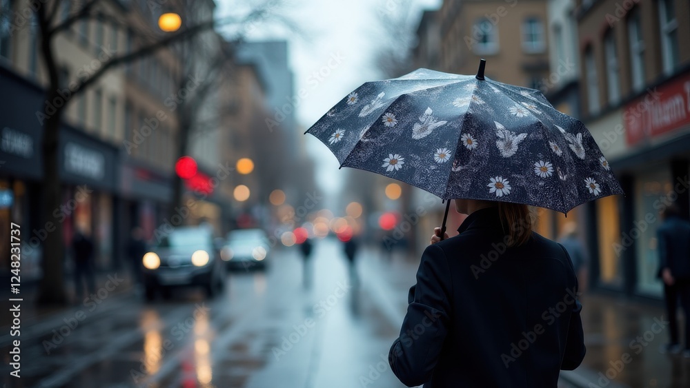 Obraz premium A person holding an umbrella mockup with a floral and bird pattern on a rainy city street.