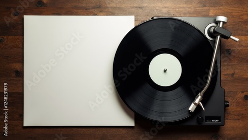 Obraz na płótnie Vinyl mockup featuring a black record on a turntable with a blank white cover on a wooden surface. w salonie