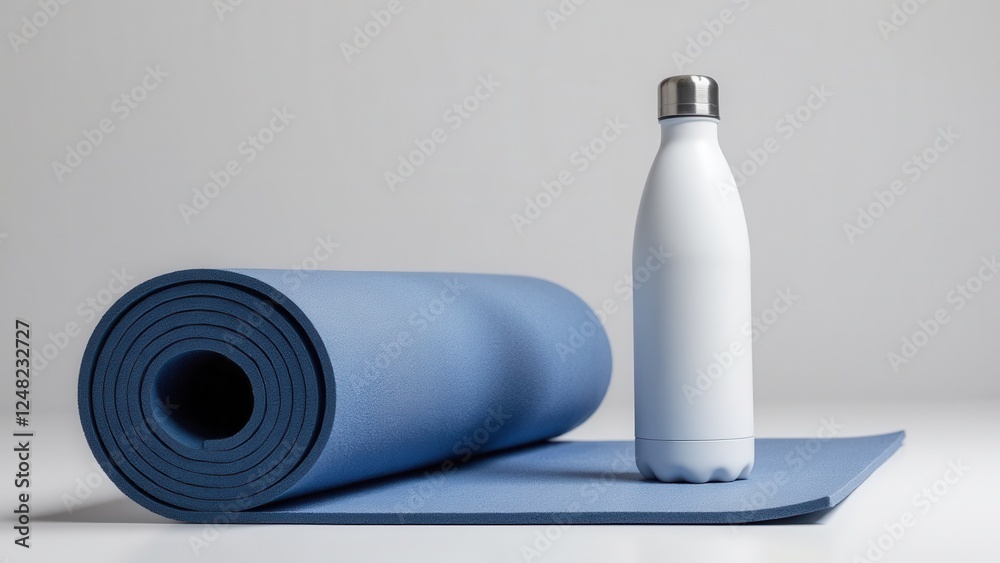 Yoga mat mockup with a rolled blue mat and a white water bottle on a flat surface.