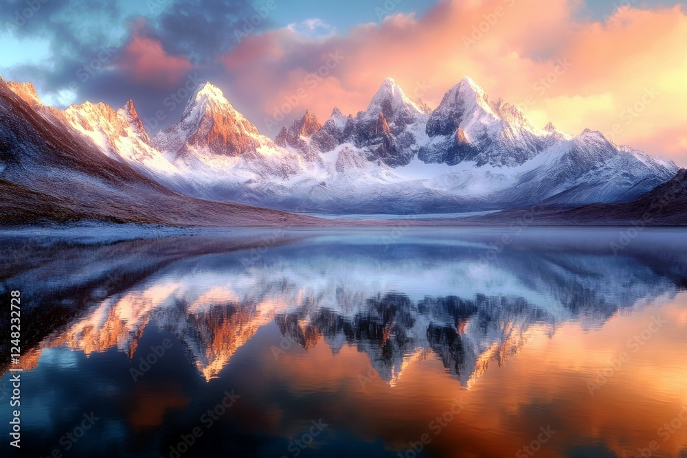 Majestic mountain range during sunrise reflecting on calm lake with vibrant clouds and stunning colors, showcasing nature’s breathtaking beauty and tranquility. Majestic mountain range during sunrise reflecting on calm lake with vibrant clouds and stunning colors, showcasing nature’s breathtaking beauty and tranquility.