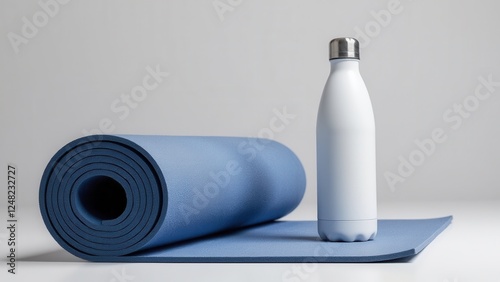 Obraz na płótnie Yoga mat mockup with a rolled blue mat and a white water bottle on a flat surface. w salonie