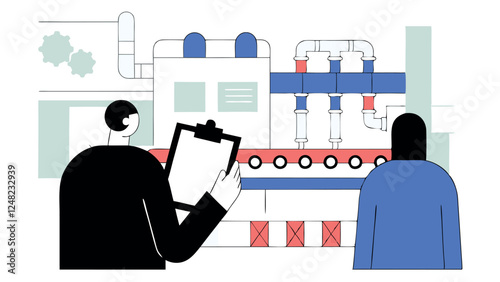 In a factory setting, an internal auditor interviews an employee while holding a notebook and taking notes. Professional and analytical approach