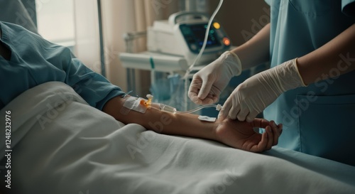 Nurse attending to patient with iv in hospital bed: healthcare setting overview