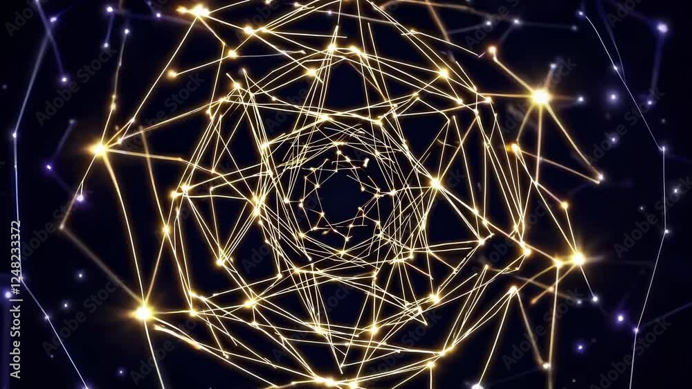 A mesmerizing top-down video view of a digital starry sky with interconnected glowing nodes, creating a cosmic network effect.