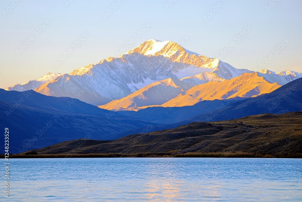 Majestic Snow-Capped Mountain Reflecting in Calm Blue Lake at Sunrise, Illuminated by Golden Rays in Nature's Serenity Majestic Snow-Capped Mountain Reflecting in Calm Blue Lake at Sunrise, Illuminated by Golden Rays in Nature's Serenity