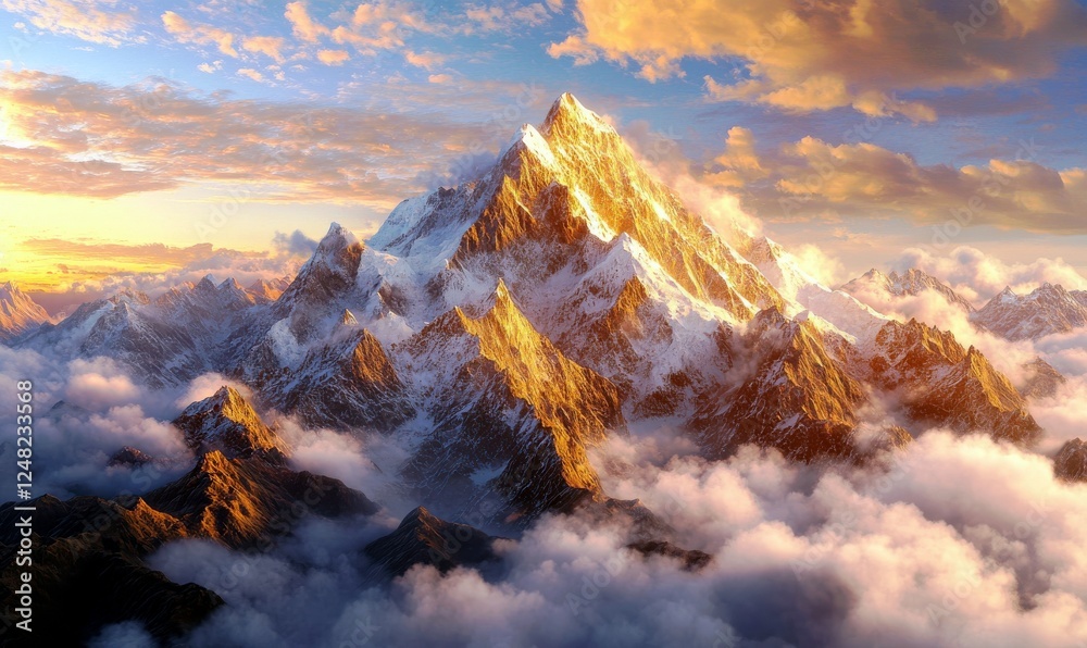 Obraz premium Majestic Mountain Peak Bathed in Golden Sunrise Light Above a Sea of Clouds and Surrounded by Dramatic Sky Colors