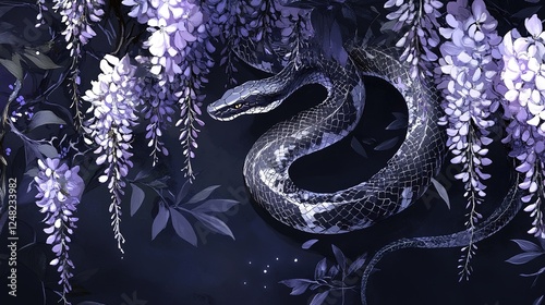 Serpent Wrapped in Wisteria Blooms in Dreamy Night Setting with Ethereal Floral Elements and Mystical Vibe for Enchantment and Nature Themes