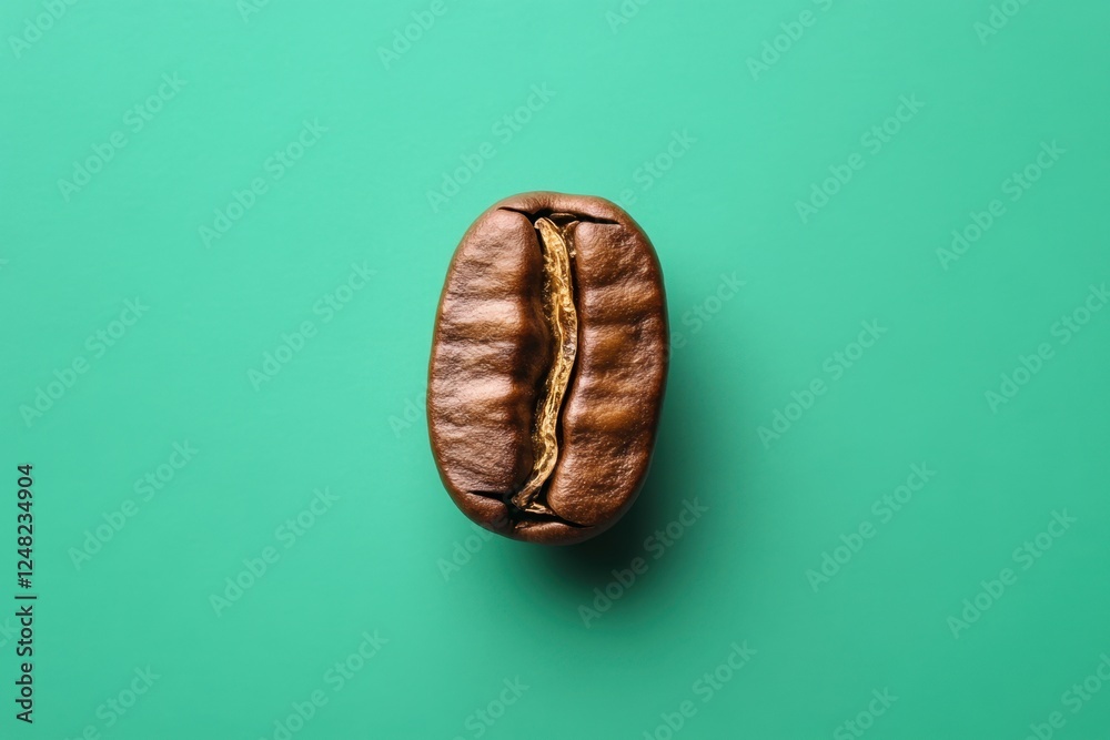 Single coffee bean resting on a solid green background Single coffee bean resting on a solid green background