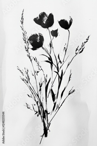A monochromatic artistic rendering of wildflowers with bold black ink strokes on white paper.