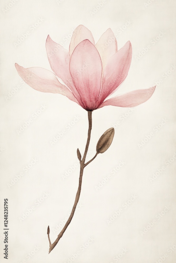 Fototapeta premium A simplistic watercolor flower on a blank canvas, with soft, translucent hues.