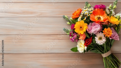 Wallpaper Mural Vibrant mixed bouquet of flowers on wooden surface Torontodigital.ca