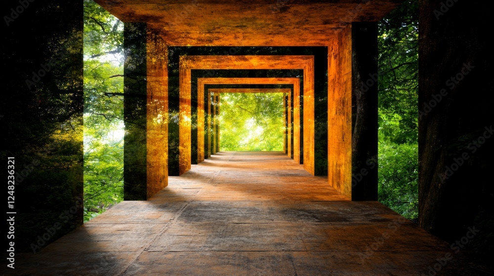Obraz premium A concrete walkway or path that leads into a green and lush forest The perspective creates a natural tunnel into the trees