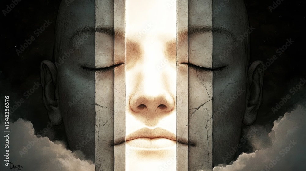 Surreal depiction of a serene face bisected by glowing light symbolizing inner peace enlightenment and the juxtaposition of darkness and light