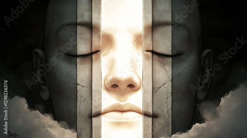 Obraz na płótnie Surreal depiction of a serene face bisected by glowing light symbolizing inner peace enlightenment and the juxtaposition of darkness and light w salonie