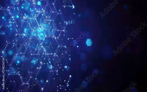 Abstract futuristic design with glowing blue hexagons and particles on dark background for technology and science concepts in digital graphics