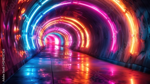 3D render of a futuristic tunnel with vibrant neon lights, creating a mesmerizing pathway of colors