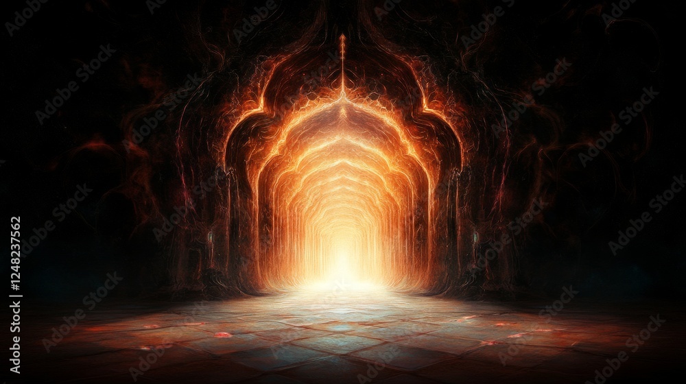 Obraz premium Mystical portal with illuminated arches Fantasy landscape with glowing passage and intricate design in a fiery palette Unveiling a pathway