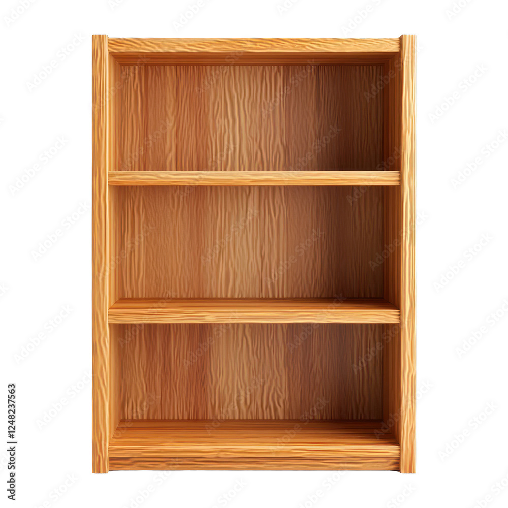 Empty Wooden Bookshelf with Three Shelves, Isolated on White Background Cutout Empty Wooden Bookshelf with Three Shelves, Isolated on White Background Cutout