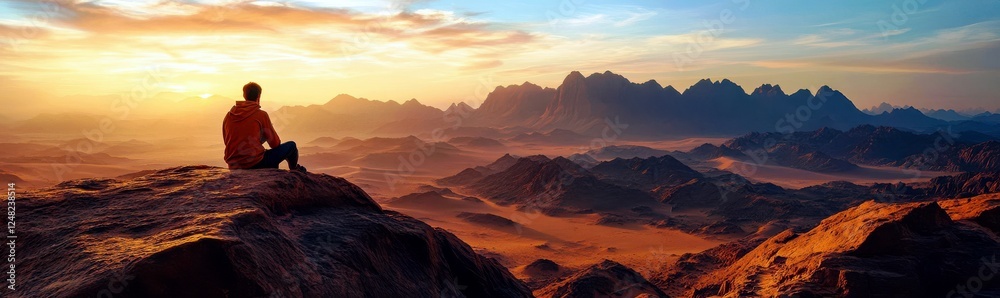 Naklejka premium Breathtaking Sunset Over Mountain Landscape with Solitary Figure Contemplating Nature's Beauty in Vast Desert Terrain during Golden Hour