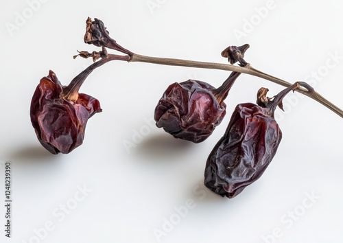 Dried chili peppers on branch, studio shot, white background photo