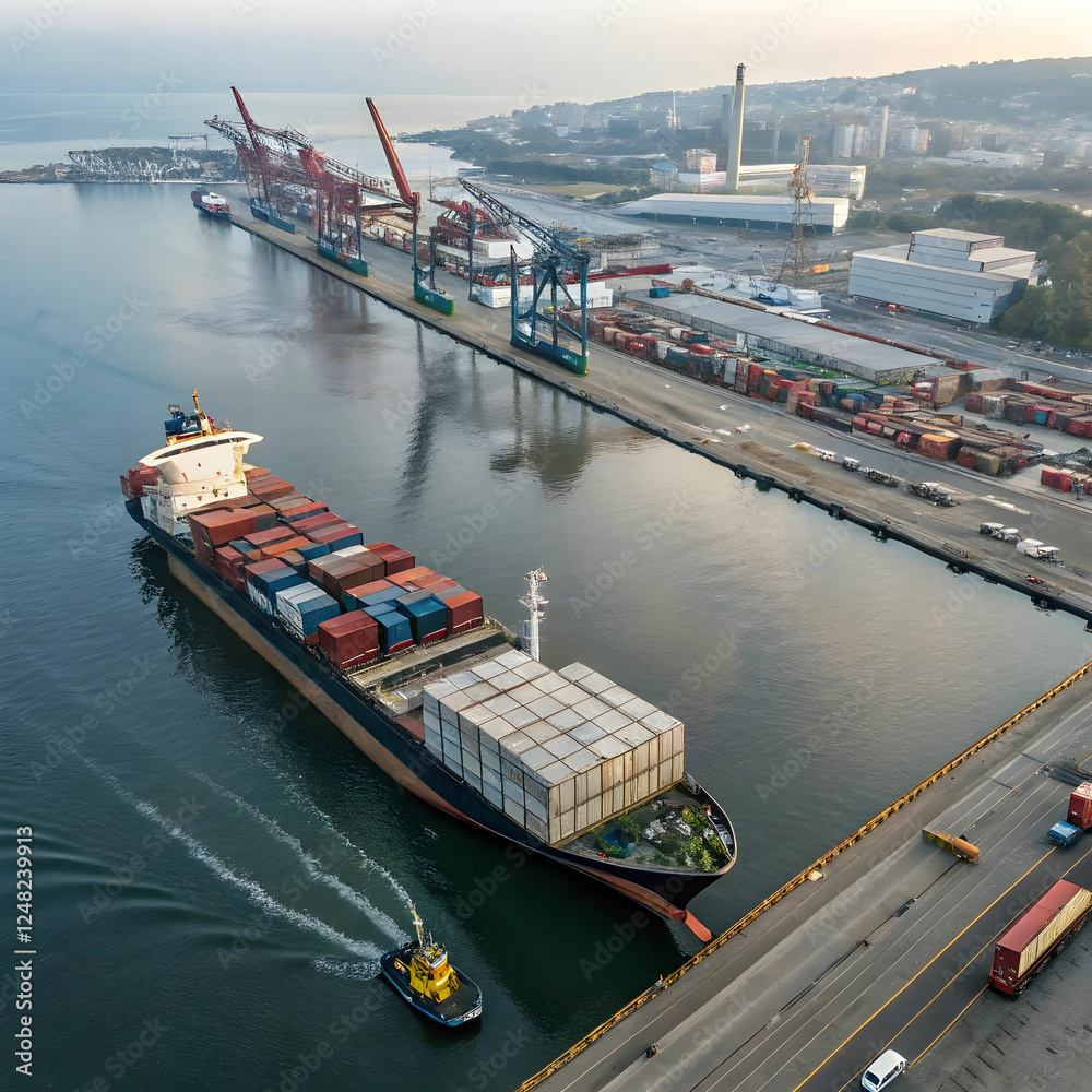 Fototapeta premium Aerial View: Cargo Ship and Containers in Harbor