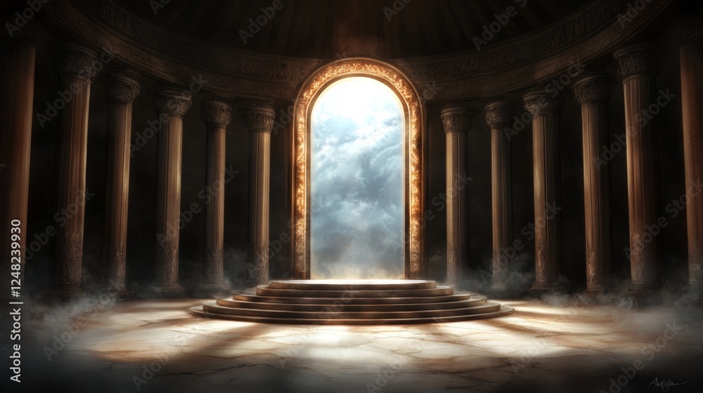 Fototapeta premium An open archway leads to a sky filled with clouds at the end of a grand hall with stone columns and a domed ceiling creating a sense of hope