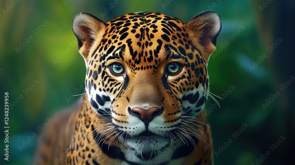 Obraz premium Majestic jaguar portrait in lush jungle wildlife photography captivating close-up vibrant environment