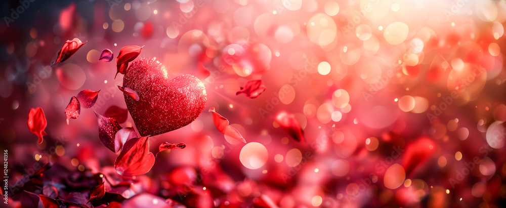 A vibrant scene of love with heart-shaped decor and rose petals in a romantic atmosphere. A vibrant scene of love with heart-shaped decor and rose petals in a romantic atmosphere.