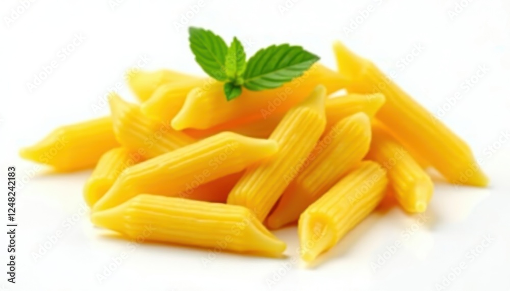 Three penne pasta isolated on white background, close-up view, three, object, culinary Three penne pasta isolated on white background, close-up view, three, object, culinary