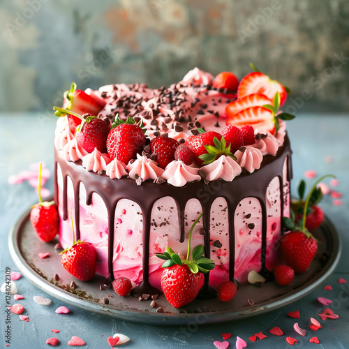 Delicious chocolate-covered strawberry cake adorned with fresh berries and decorative toppings. photo