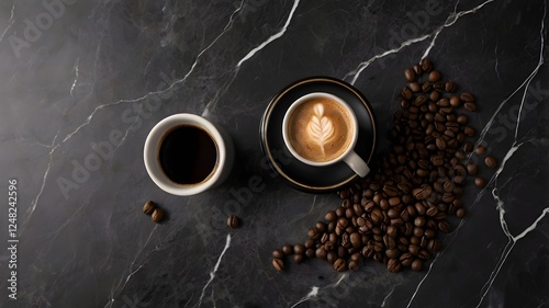 A top-down view of a dark marble table with an elegant pour-over coffee setup, a steaming cup, and scattered coffee beans for an artisanal touch