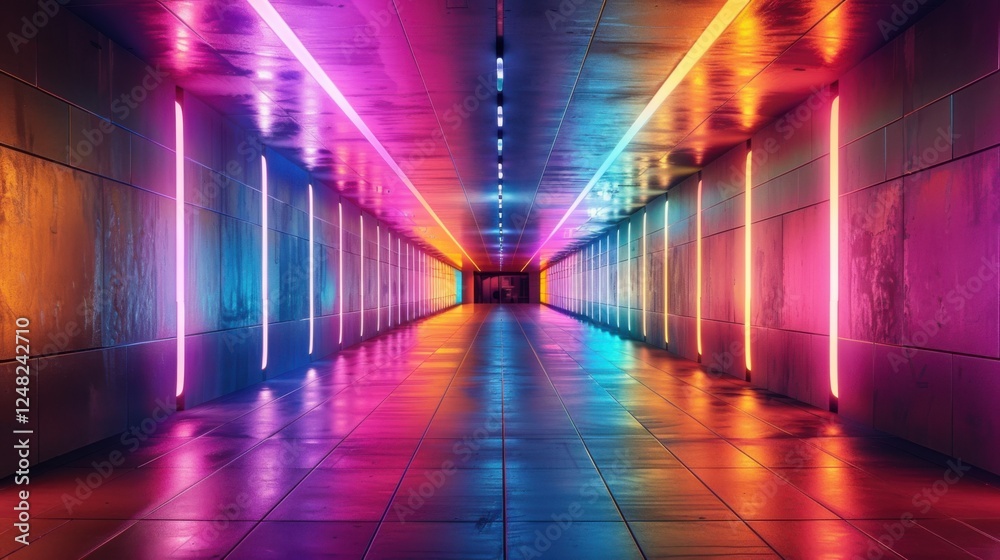 3D render of a futuristic tunnel with vibrant neon lights, creating a mesmerizing pathway of colors 3D render of a futuristic tunnel with vibrant neon lights, creating a mesmerizing pathway of colors