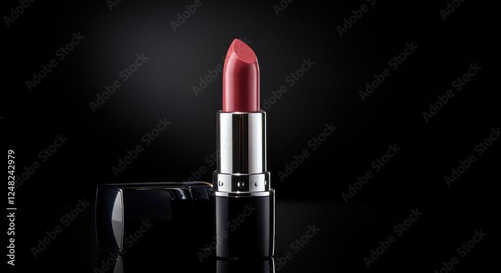 Elegant red lipstick on a black background with open cap Elegant red lipstick on a black background with open cap