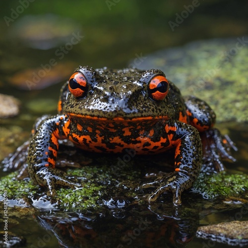 Oriental Fire Bellied Toad, Fire belly small toad on wood. Oriental Fire-bellied Toad, Macro,Left side view Hidden Black-Spotted Newt Blending into Its Natural Habitat