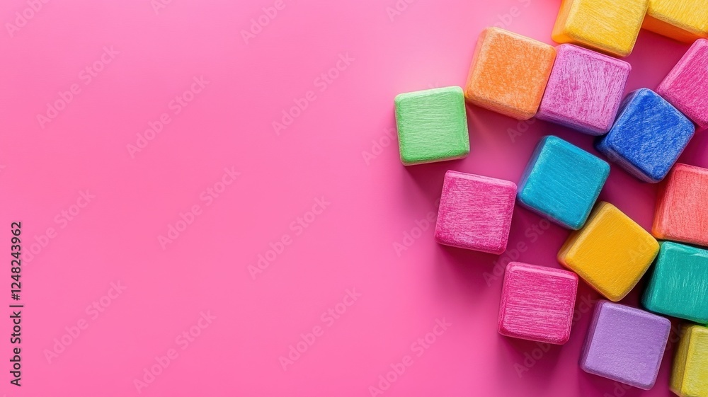 Colorful building blocks stacked and scattered on pink background abstract concept playful environment Colorful building blocks stacked and scattered on pink background abstract concept playful environment