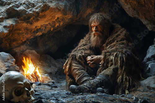 Caveman at a rital place dsplaying skulls of his Ancestors