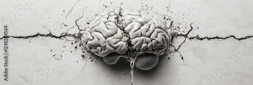 A cracked brain sculpture emerging from a fractured wall, symbolizing stress and mental strain, set against a monochrome background
