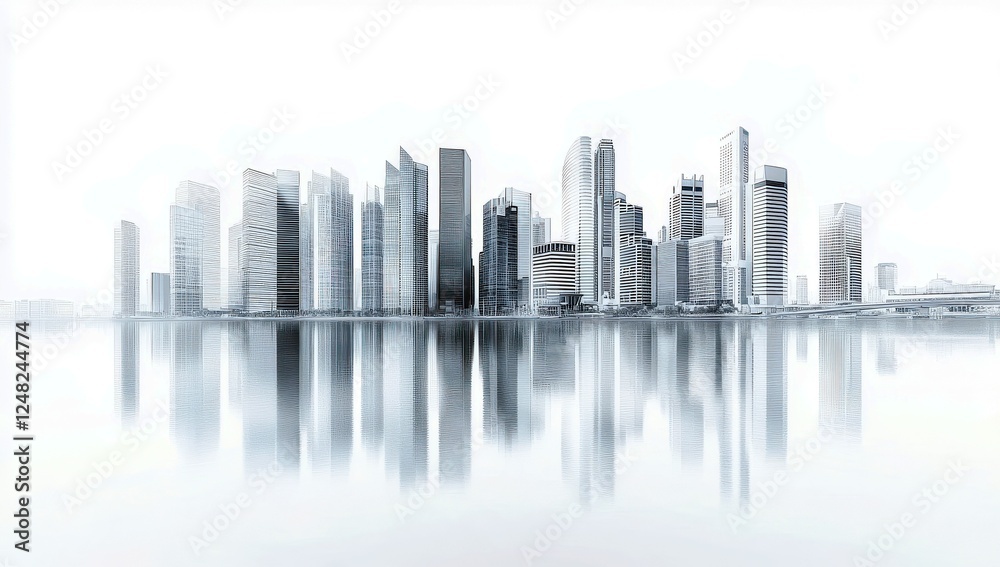 Modern City Skyline Reflection in Water at Dusk with Glass Facades and High-Rise Buildings in an Urban Environment Modern City Skyline Reflection in Water at Dusk with Glass Facades and High-Rise Buildings in an Urban Environment