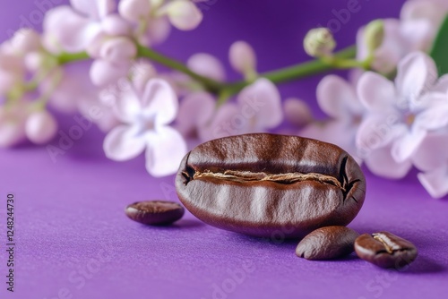 Coffee bean macro with lilac flowers on purple backdrop photo