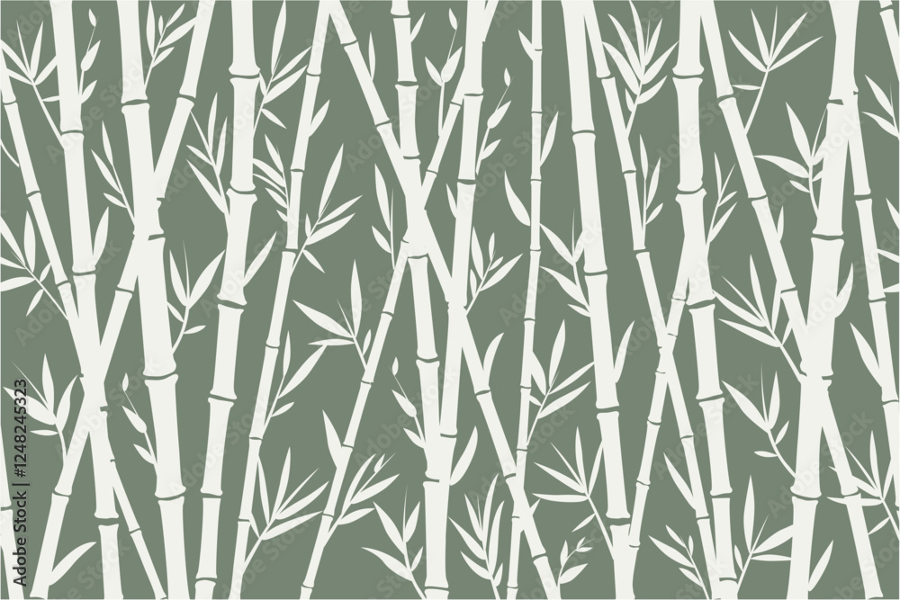 Fototapeta premium Bamboo seamless horizontal frame on green background, vector pattern of white bamboo stems.