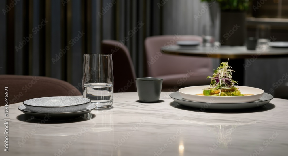 Elegant restaurant table setting with gourmet dish and glassware on marble surface Elegant restaurant table setting with gourmet dish and glassware on marble surface