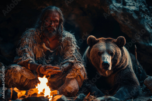 Caveman with his tamed bear