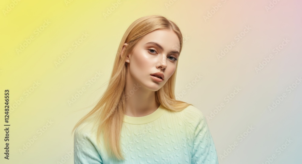 Young caucasian female with blonde hair in pastel background Young caucasian female with blonde hair in pastel background