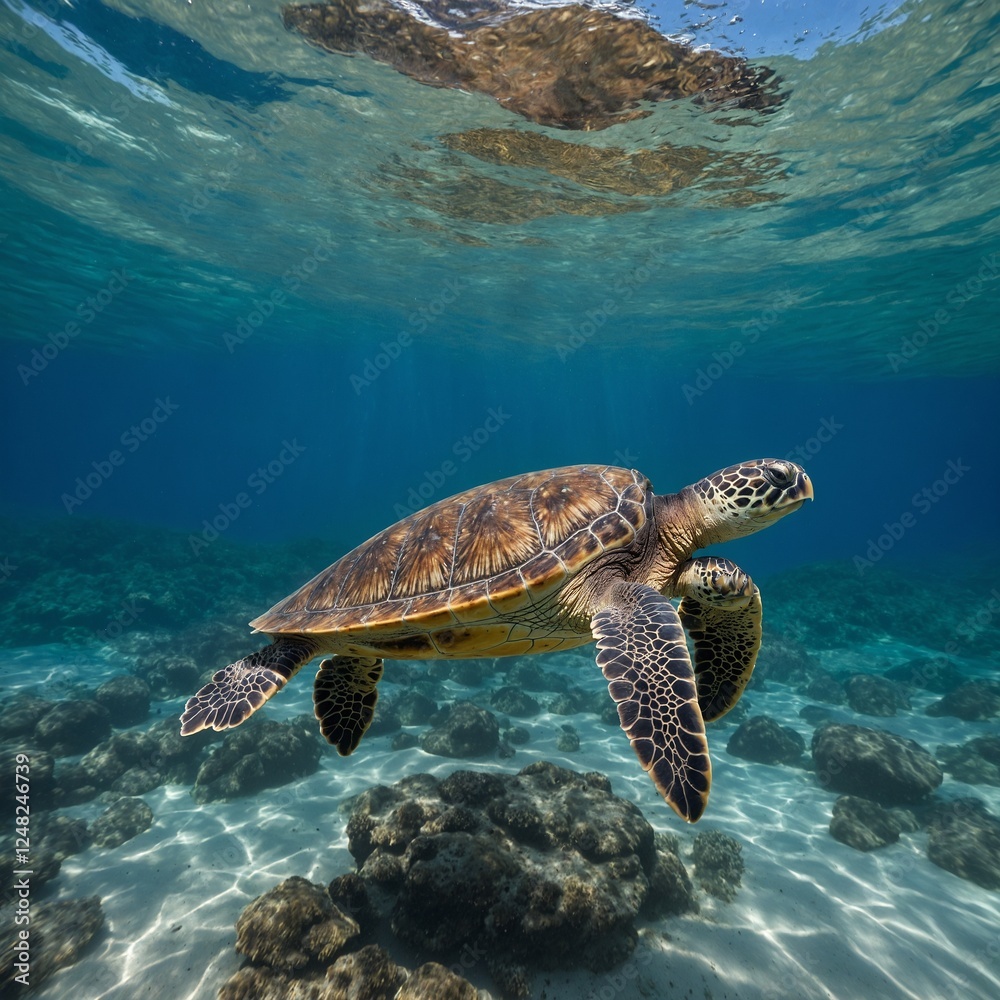Fototapeta premium A turtle swimming in clear water. Mary River turtle under sparkling, clear water with a bright coral reef. Sea Turtle Grace: A mesmerizing underwater photograph of a majestic sea turtle gliding effort