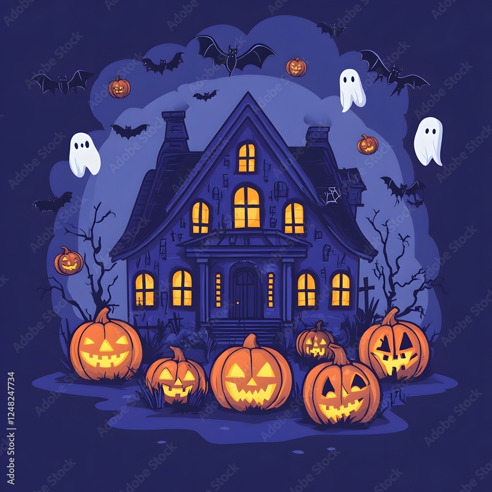 Fototapeta premium Haunted House in Spooky Halloween Night with Glowing Pumpkins and Bats