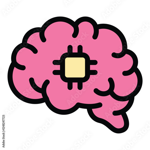 Brain Chip Implant Icon Neural Technology in Flat Line Color Style