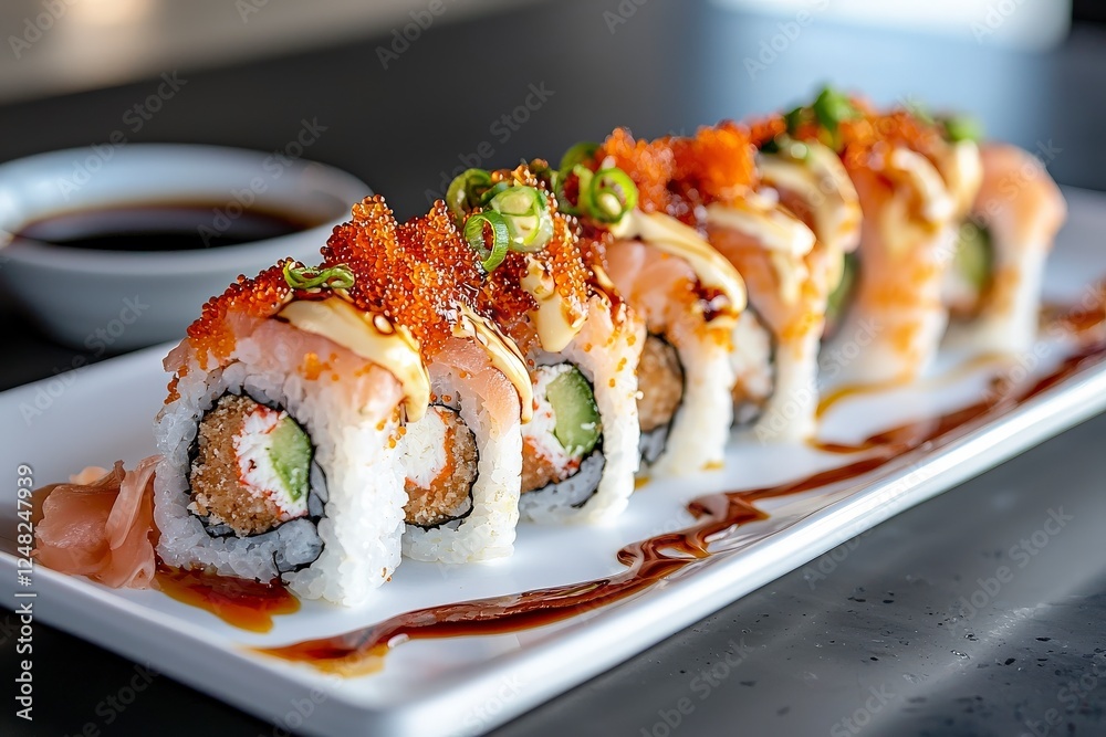 Exquisite sushi rolls with salmon, avocado, and spicy mayo served on a sleek black table with dipping sauces Exquisite sushi rolls with salmon, avocado, and spicy mayo served on a sleek black table with dipping sauces