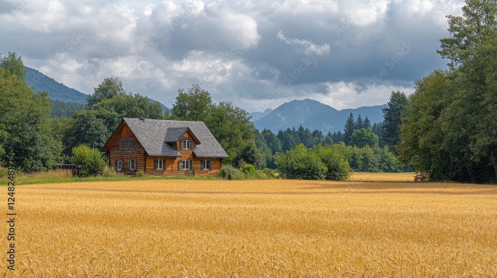 A scenic view of a rustic farmhouse surrounded by a field of golden wheat, with a cloudy sky above and distant mountains on the horizon A scenic view of a rustic farmhouse surrounded by a field of golden wheat, with a cloudy sky above and distant mountains on the horizon