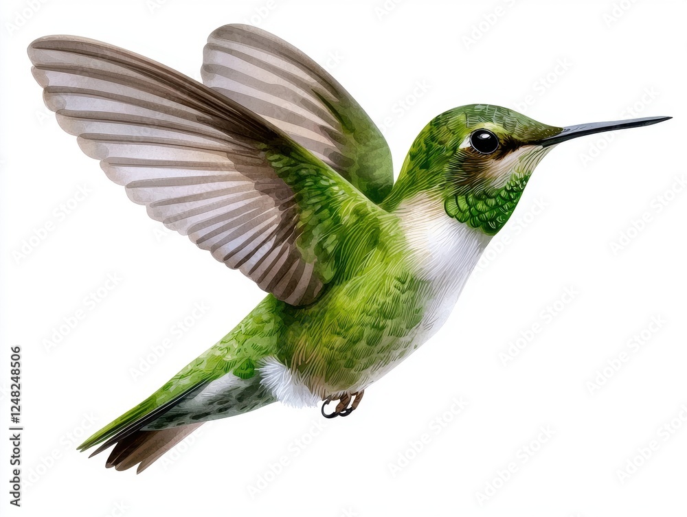 Fototapeta premium A vibrant green hummingbird in mid-flight showcasing its beautiful wings.